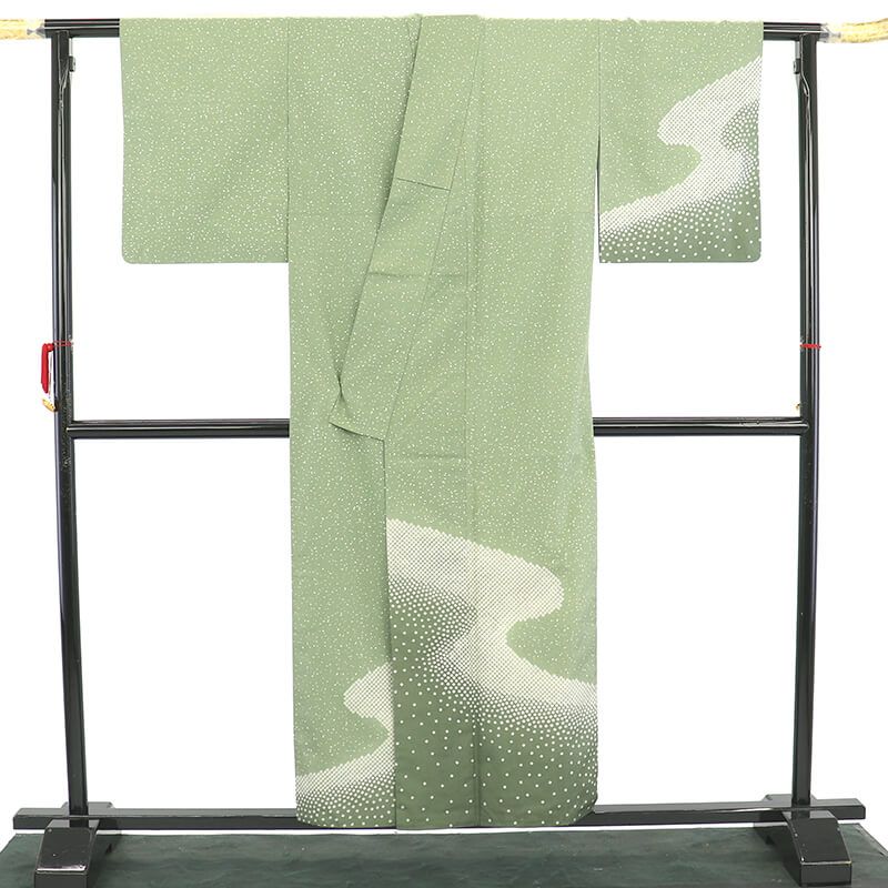 紬付下げ 紬着物 付下げ 付け下げ レディース 正絹 染紬 灰緑 身丈158cm 裄丈64cm 仕立て上がり着物 カジュアル お出掛け パーティ S~Mサイズ相当