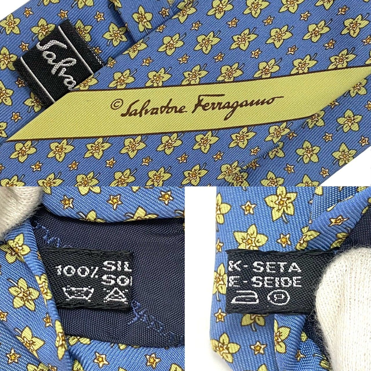 Ferragamo】ネクタイ SILK/シルク 100% ライトブルー/水色系 フラワー