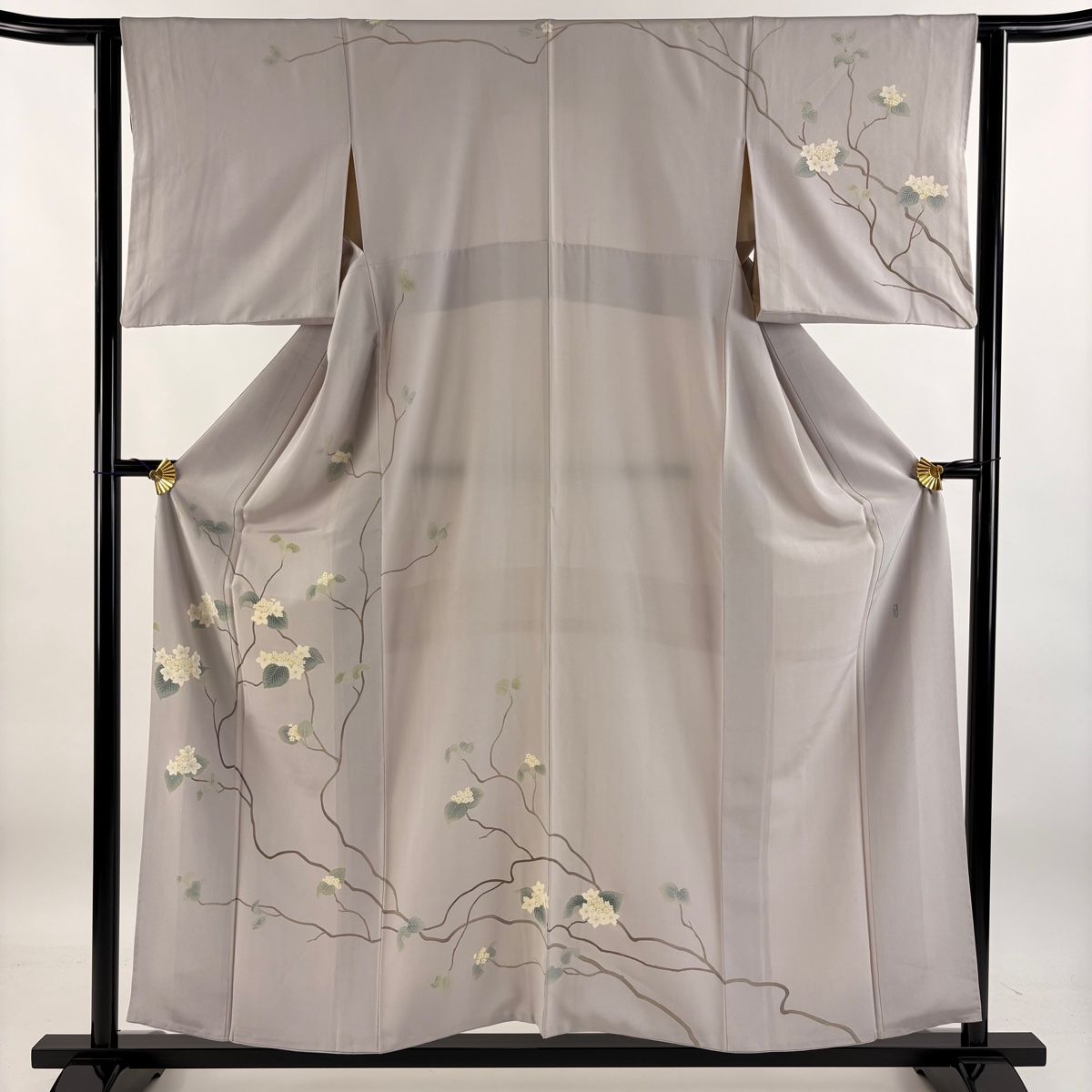 訪問着 身丈157cm 裄丈63cm S 袷 落款 枝花 灰色 正絹 秀品 一つ紋