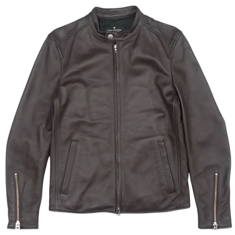 nano universe ナノユニバース ライダースジャケット S 羊革 ラムレザー 本革 シングル メンズ レザージャケット 茶 ブラウン 立襟 スタンド バイクレザー ライダースジャケット_サイズS一覧 SEULB屋着古 TY4052