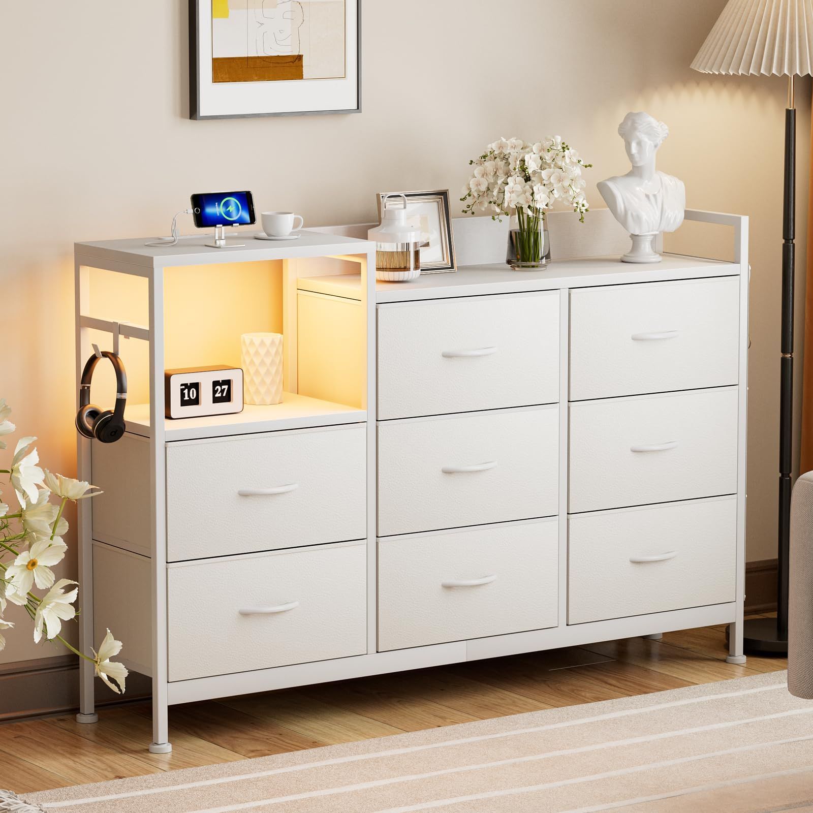 北欧 大容量 USBポート付き洋服タンス 引き出し 布製 収納ケース 収納ボックス ワイドチェストLEDライト付きおしゃれ シンプル 箪笥 整理タンス 箪笥 リビング収納 寝室収納 棚付き 一人暮らし3段8杯 タンス 幅132×奥行29×高さ88cm チェ