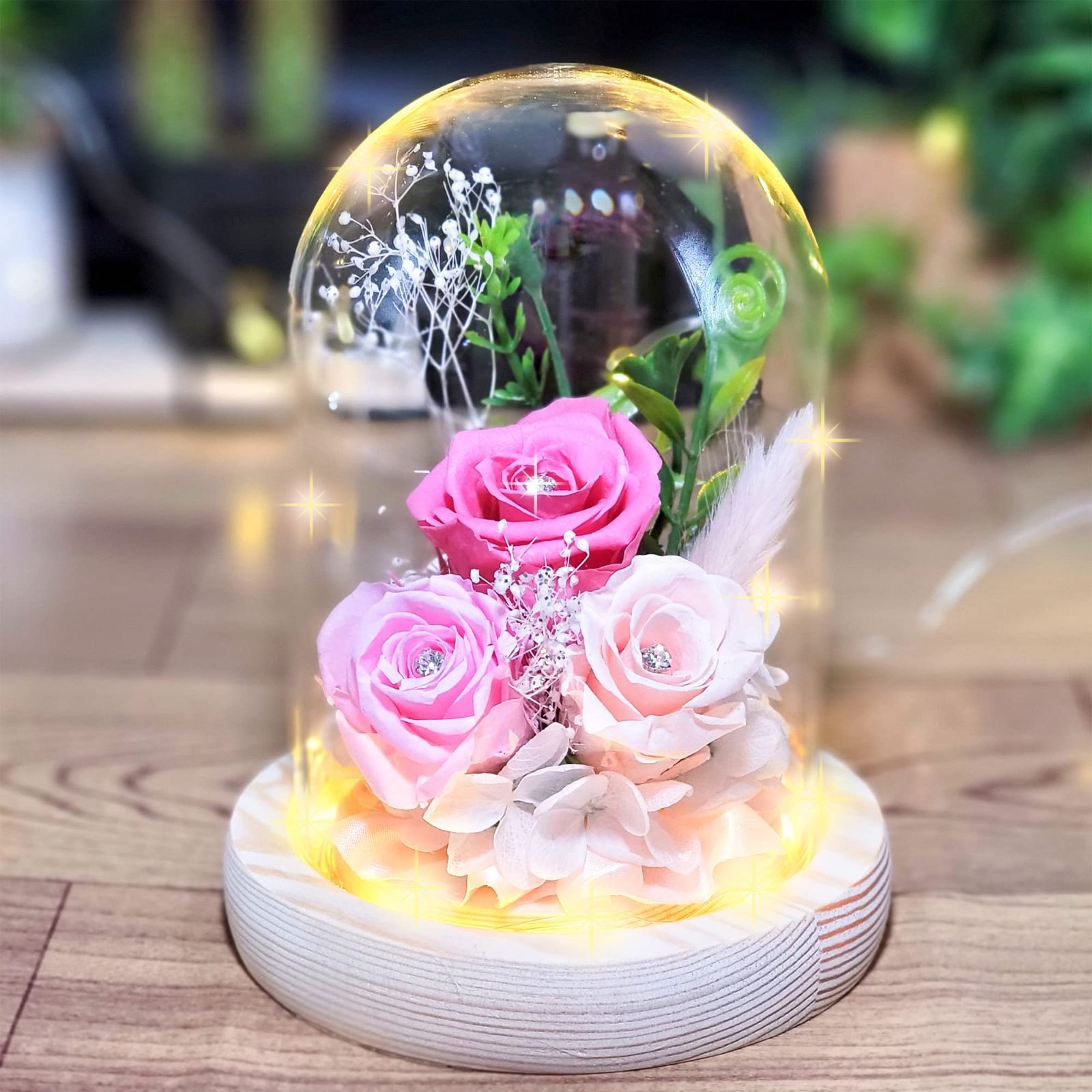 【在庫セール】Dear your Flowers プリザーブドフラワー 贈り物 2023 母の日 ガラスドーム LEDライト付 誕生日 プレゼント 女性 フラワーギフト 日本製 記念日 結婚祝い バラ フラワーアレンジ ピン
