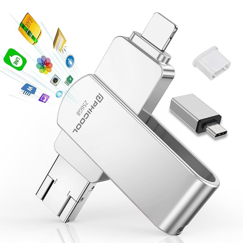 【アプリ不要 アルバムから直接保存出来 】 フラッシュメモリ IOS/Android/PC USB高速 4 in1 Phone usbメモリ スマホ usbメモリphone バックアップ usbメモリ タイプc usbメモリ 外付けusbメモリー (銀，  1