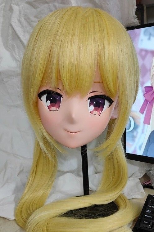 ハーフマスク 眼球付き カツラ付き NO.13 樹脂製 ヘッドロリータ人形 コスプレマスク 変身 仮装 着ぐるみ 二次元美少女