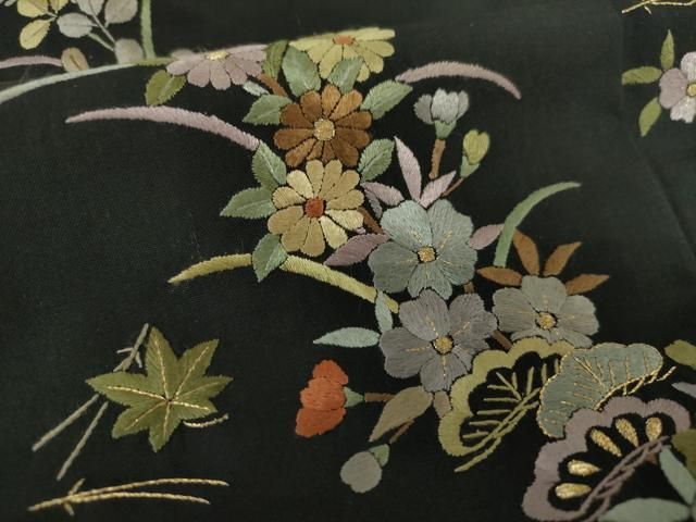 平和屋着物●中国三大刺繍　相良刺繍　総刺繍　本場大島紬　訪問着　雪輪花文　金糸　正絹　逸品　DAAS3170ps 平和屋着物○中国三大刺繍 相良刺繍 総刺繍 本場大島紬 訪問着 雪輪花