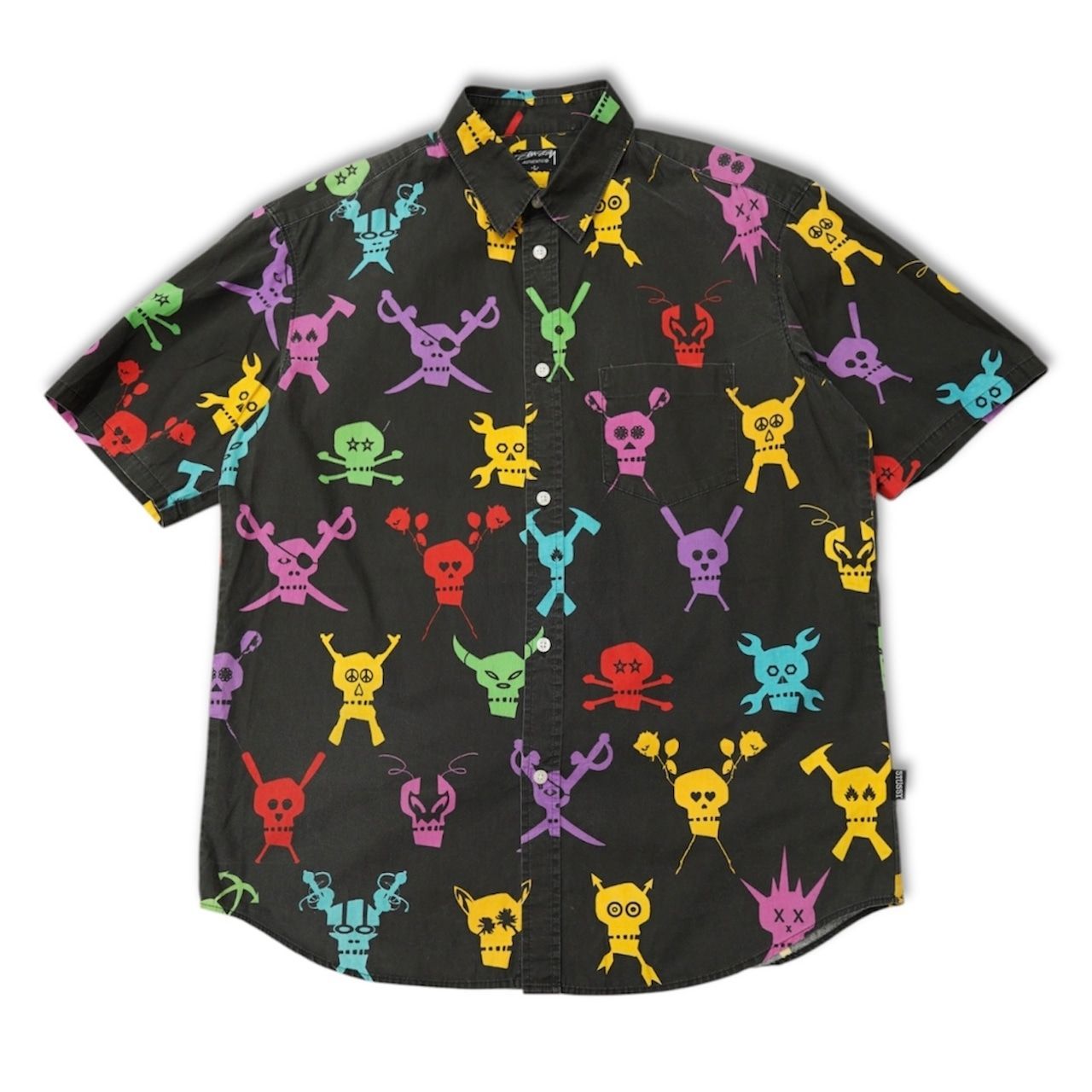 90s stussy authentic shirt 黒 ステューシー made in USA 黒 ドクロ