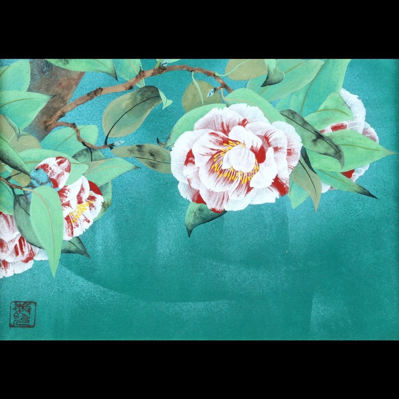 仲林敏次「椿花」肉筆日本画 4号 共シール 三重県出身 新興美術院会員