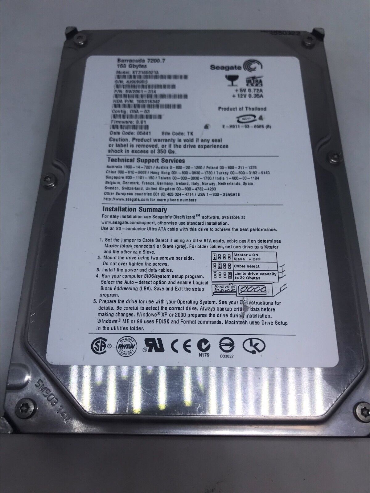 SEAGATE Barracuda ST3160021A 160GB 3.5インチ IDE ドライブ - 9W2001-314、100316342