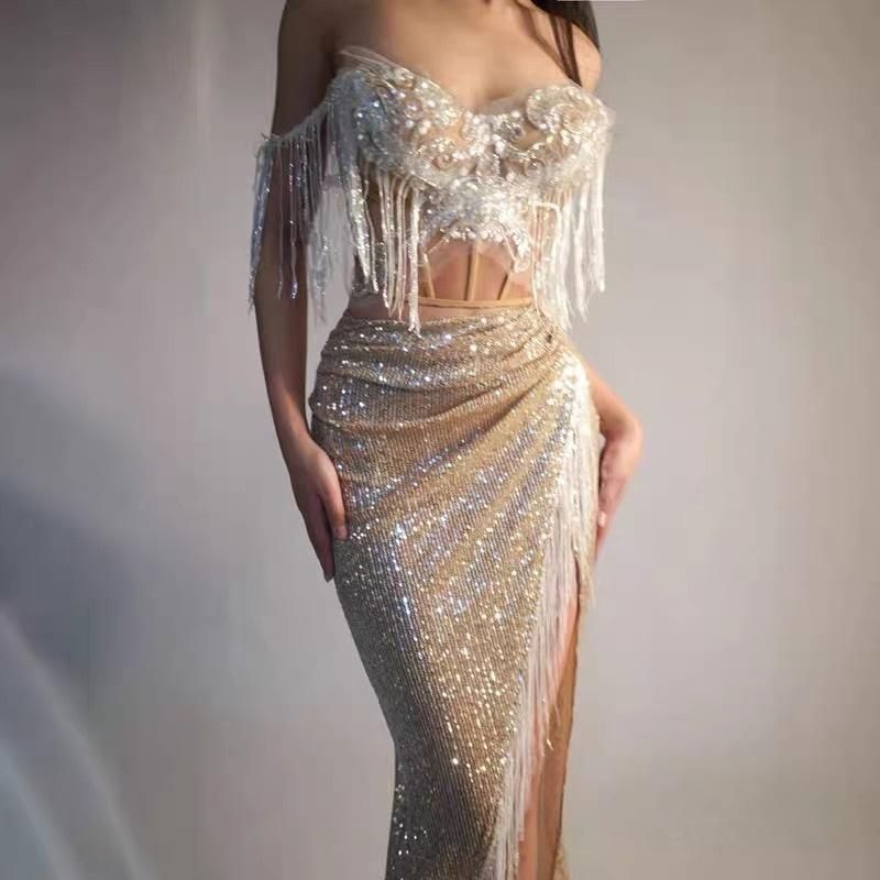 おしゃれコーデ 社交ダンスドレス ベリーダンス衣装 シャンパンゴールド ボーンコルセット セクシー ドレス 歌手 営業用 ステージ リゾート風