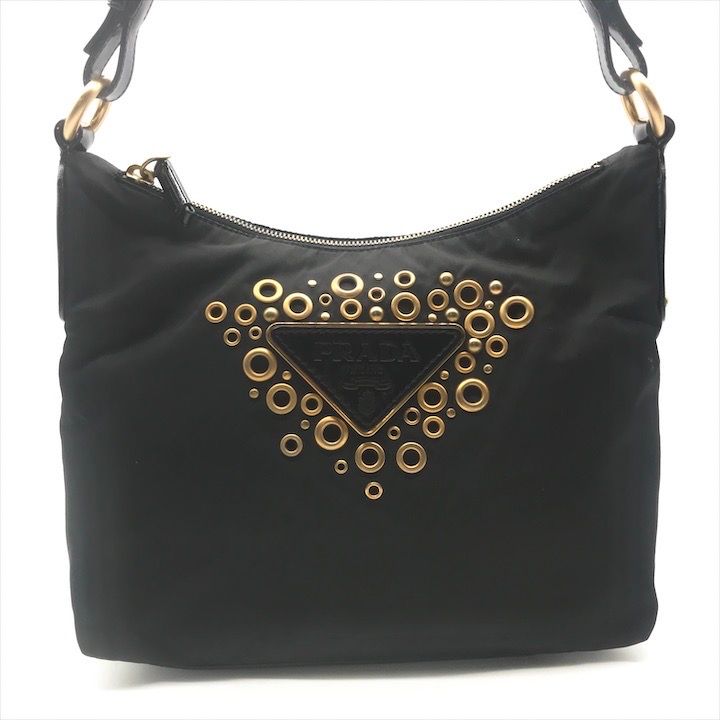 PRADA プラダ 三角ロゴ ナイロン テスート スタッズ ハンド ショルダー バッグ ブラック a4129