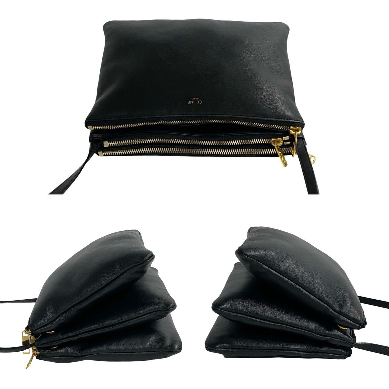 ほぼ未使用 希少品 袋付き CELINE セリーヌ トリオ レザー 本革 ミニ 