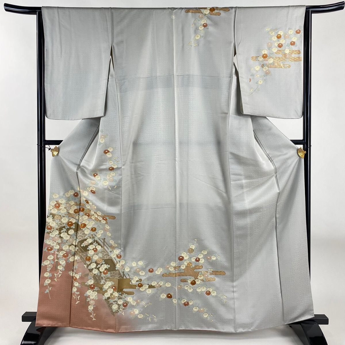 訪問着 身丈163cm 裄丈64cm M 袷 菊 橋 金糸 金彩 灰色 正絹 秀品 一つ紋