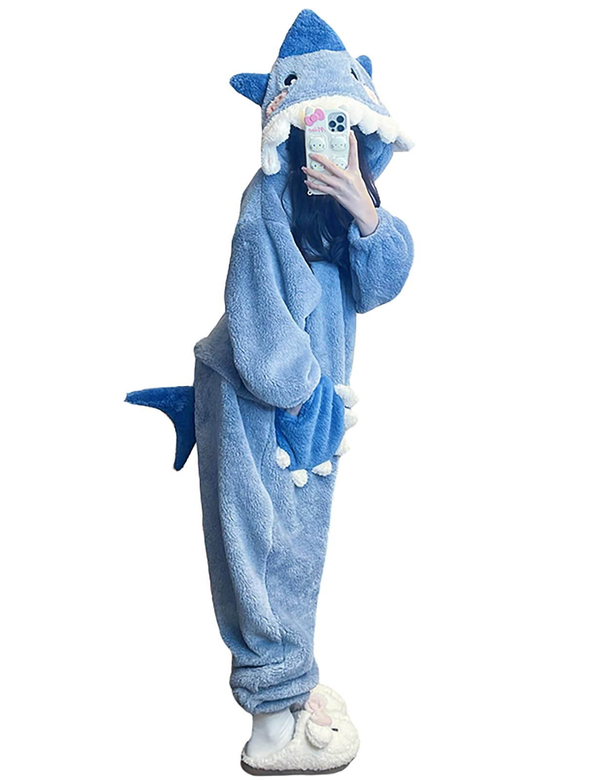 ＸＨＳＵＫＡＤＯ かわいい サメ 着ぐるみ パジャマ レディース メンズ おもしろ しっぽ 手袋付き フード付き ふわふわ もこもこ あたたか 防寒 ゆったり ルームウェア 部屋着 オールインワン