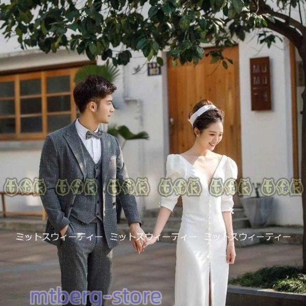 ウェディングドレス 半袖 ウエディングドレス 二次会 花嫁 パーティードレス スリット 披露宴 ブライダル 結婚式 ロングドレス フォトウェWP 926