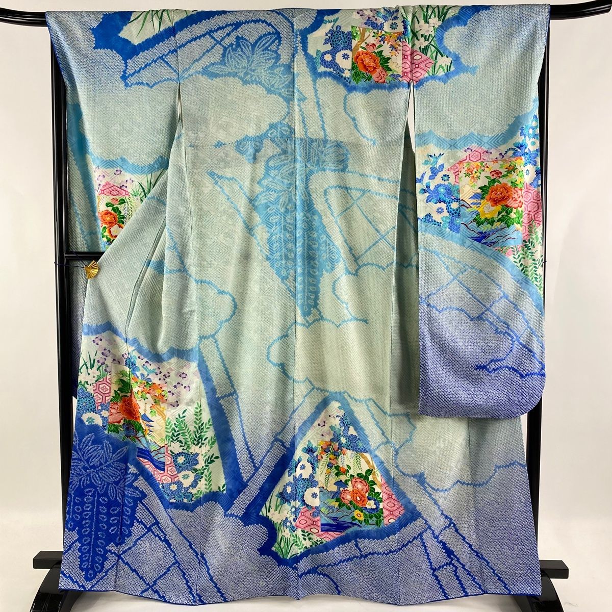 振袖 名品 色紙 草花 絞り 水色 袷 身丈166cm 裄丈69cm L 正絹 【中古