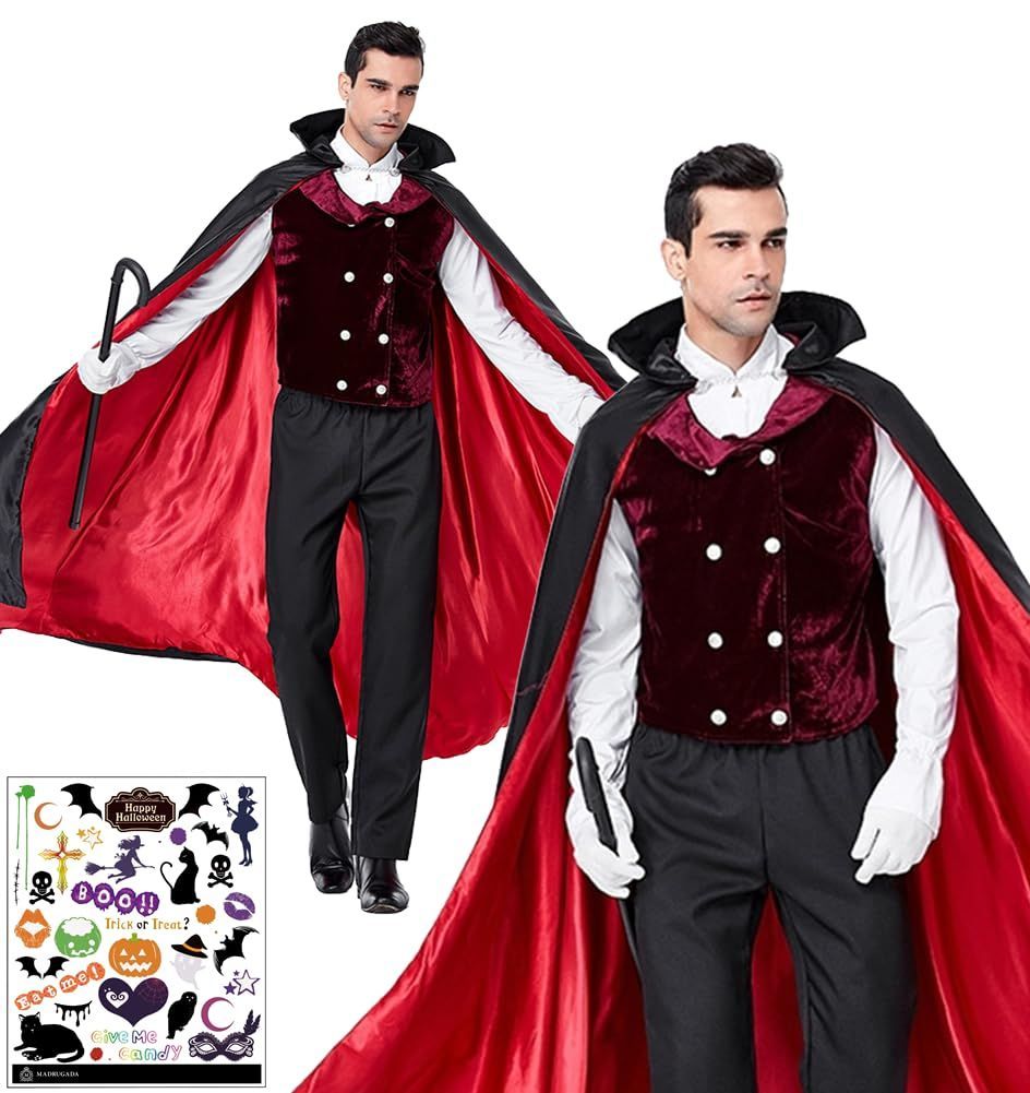 在庫 マドルガーダ 豪華フルセット ヴァンパイア 伯爵 ドラキュラ 吸血鬼 コスプレ ズボンポケット付き コスチューム ハロウィン タトゥーシール付き 2点セット メンズ S698
