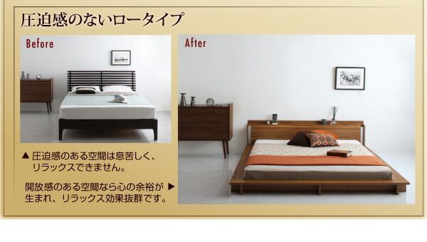 モダンライト・棚・コンセント付きデザインフロアローベッド スタンダードポケットコイルマットレス付き クイーン(Q×1） 布団のように使える 棚 コンセント付き フロア ロー ベッド プレミアム