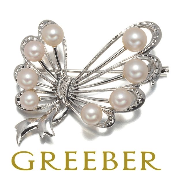 ミキモト　真珠　美品　シルバーブローチ　リボン MIKIMOTO ミキモト ブローチ パール 真珠 5.7-7.3mm シルバー
