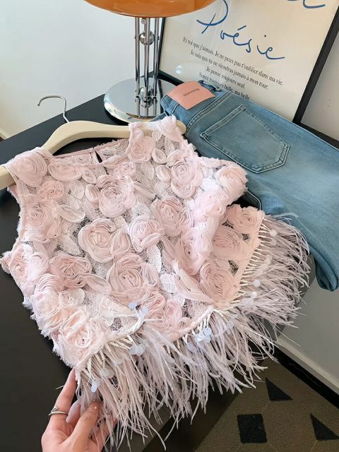 立体デザイン 花 スタッズ×フリンジ レースカーディガン (T)