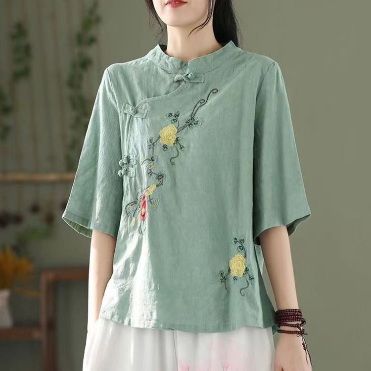 レディース ブラウス tシャツ トップス プルオーバー チャイナボタン 花柄刺繍 カットソー チュニック リネン 五分袖 夏服 チャイナ 綿麻 カジュアル ゆったり リネン ブラウス レディース 半袖 チャイナ風 ブラウス 花柄