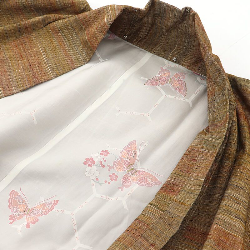  道中着コート 紬コート レディース 正絹 茶 素朴 身丈102 cm 裄丈68 カジュアル Lサイズ相当 リサイクル着物 リユース着物 着物 着物 和装コート 着物 浴衣