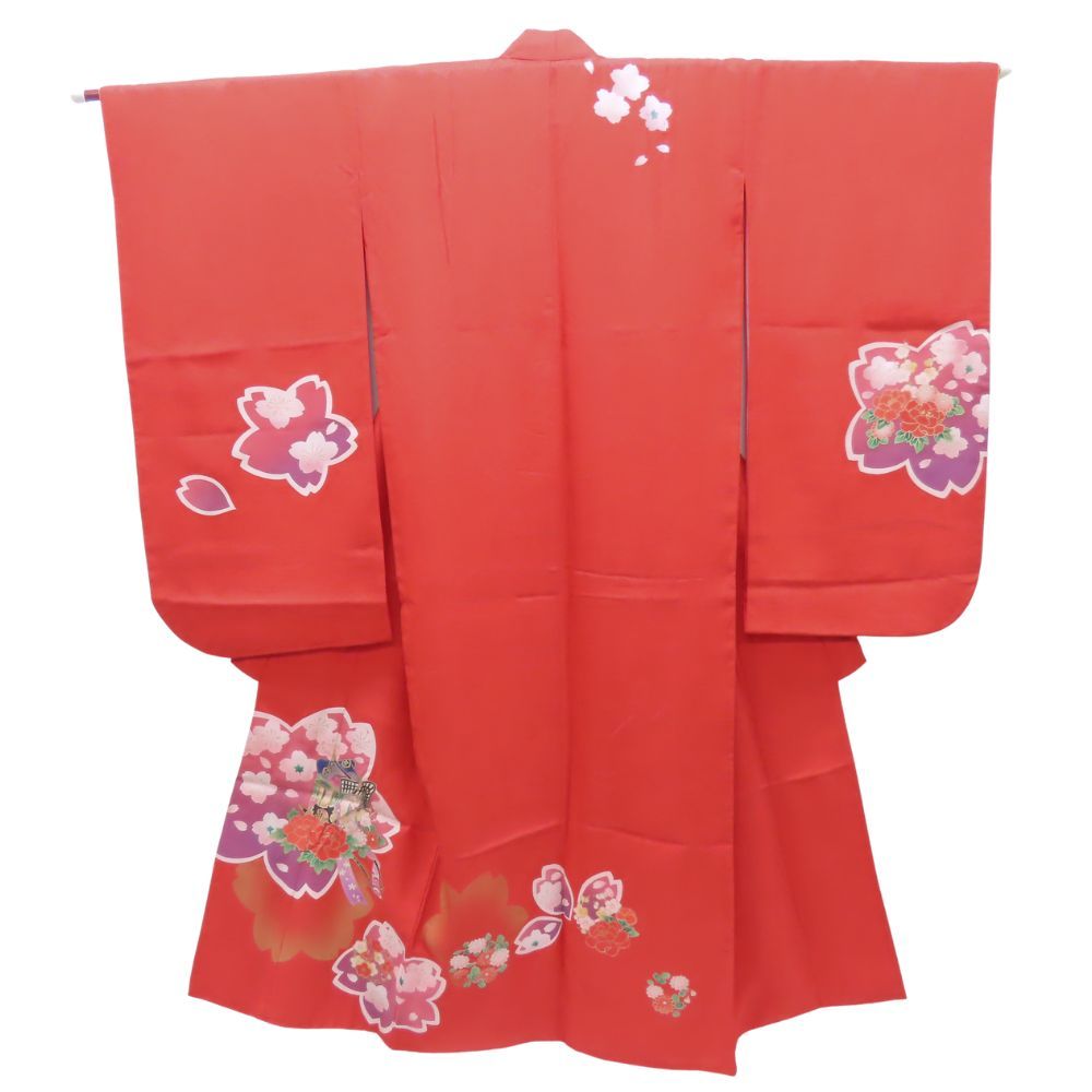 子供着物 祝い着 合成繊維 レッド 7歳用 七五三 重ね襟つき 和装 呉服 和服 きもの