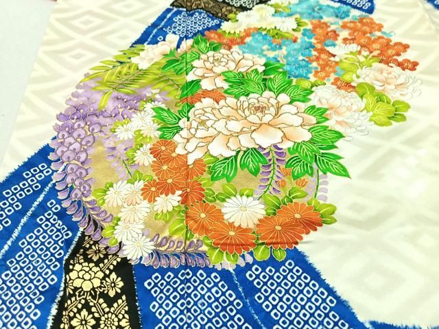 平和屋着物○訪問着 絞り 刺繍 鴛鴦花青海波 金彩 正絹 逸品 AAAY0283zg