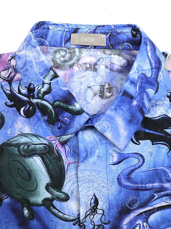 Dior×Kenny Scharf 2021AW Shirt Blue Silk and Cotton Jacquard 033C508A5196 ディオール×ケニー・シャーフ ブルーシルク&コットンジャガードシャツ 半袖 シルク混 総柄 オブリーク ロゴ 海 ブルー サイズ41【230817】【-B】【me04】