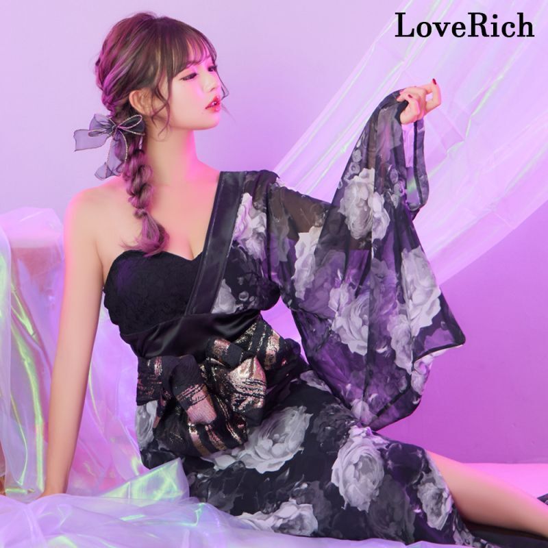 LoveRich ラブリッチ ライン 2点セット ワンショル アシンメトリー スリット 花柄 シフォン レース ロング 豪華 帯 花魁 着物 ドレス コスプレ ハロウィン キャバドレス 1295