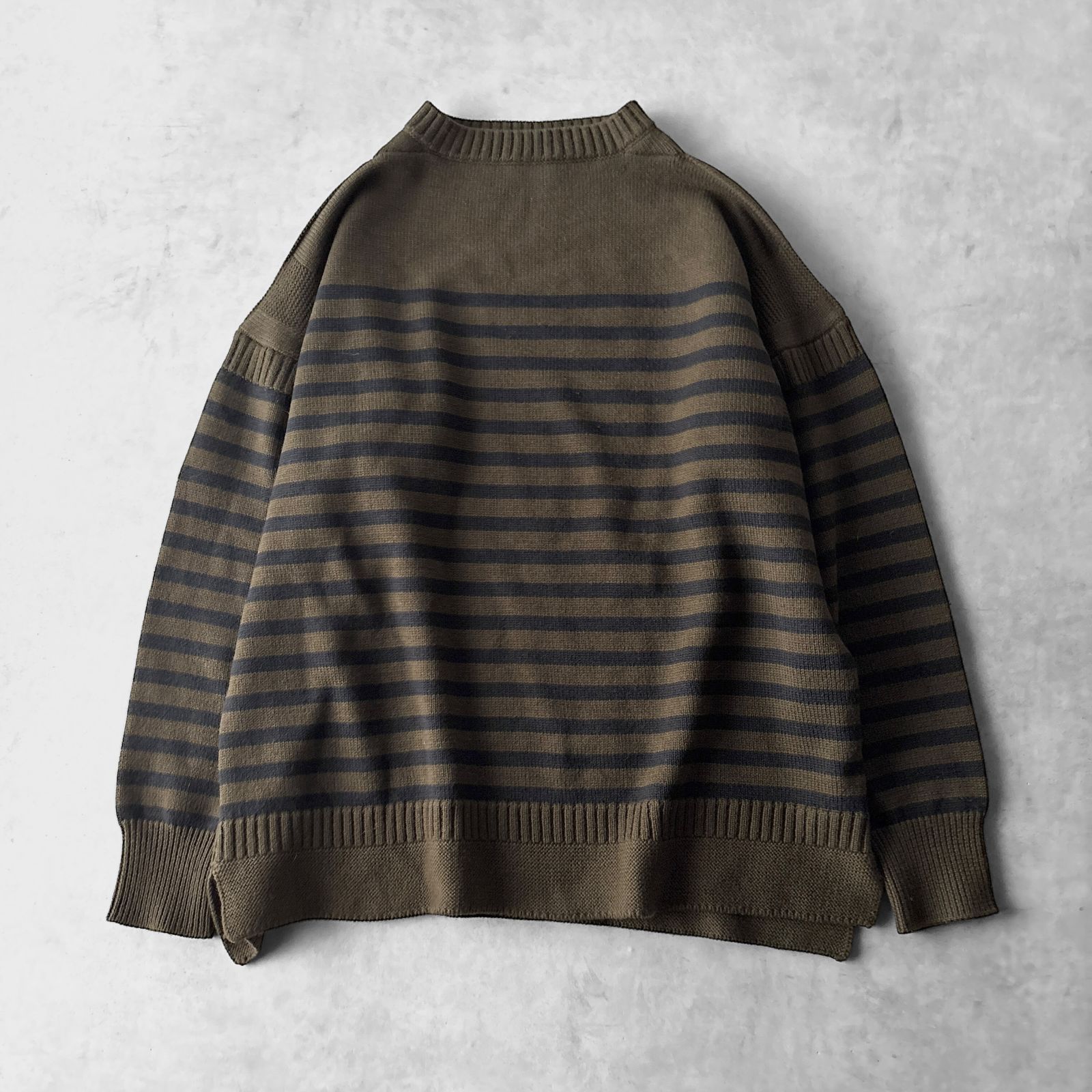 Le Tricoteur ル トリコチュール ウール ボーダー ガンジー ワイドシルエット ニット セーター ユニセックス 42 オリーブ 長袖 ドロップショルダー オーバーサイズ Bshop ビショップ