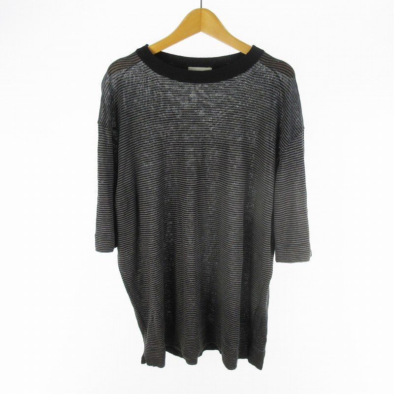 25SS The CLASIK ザ クラシック KNIT T-SHIRTS -14GG PLAIN STITCH CKKT-176 半袖 Tシャツ ボーダー リネン シルク 46 ブラック グレー