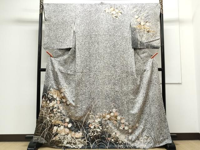 平和屋着物○訪問着 草花文 たたき染め 黒地 金彩 正絹 逸品