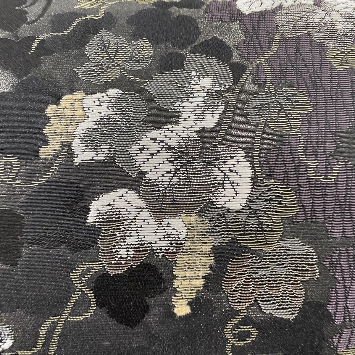 美品 袋帯 逸品 黄金ムガ蚕 花唐草 鳥 灰紫 六通 正絹 中古