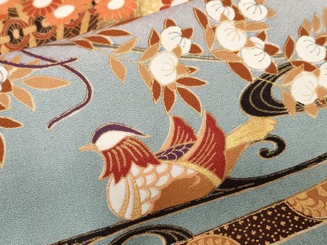 豪華振袖　駒刺繍　流水舞鳥文　暈し染め　金彩　着丈168cm　正絹　逸品 平和屋着物□豪華振袖 駒刺繍 檜扇花鳥文 暈し染め 金彩 正絹