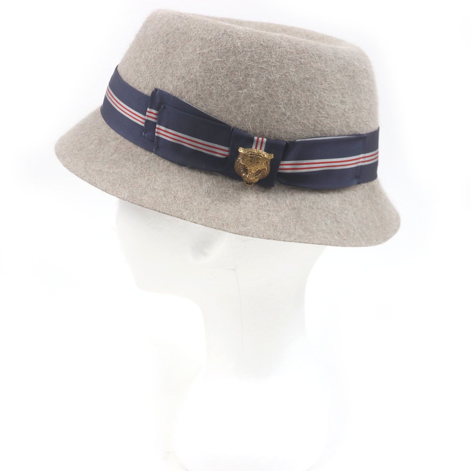 グッチGUCCIラビットファーロングブリム羽根つき中折れハット帽子L