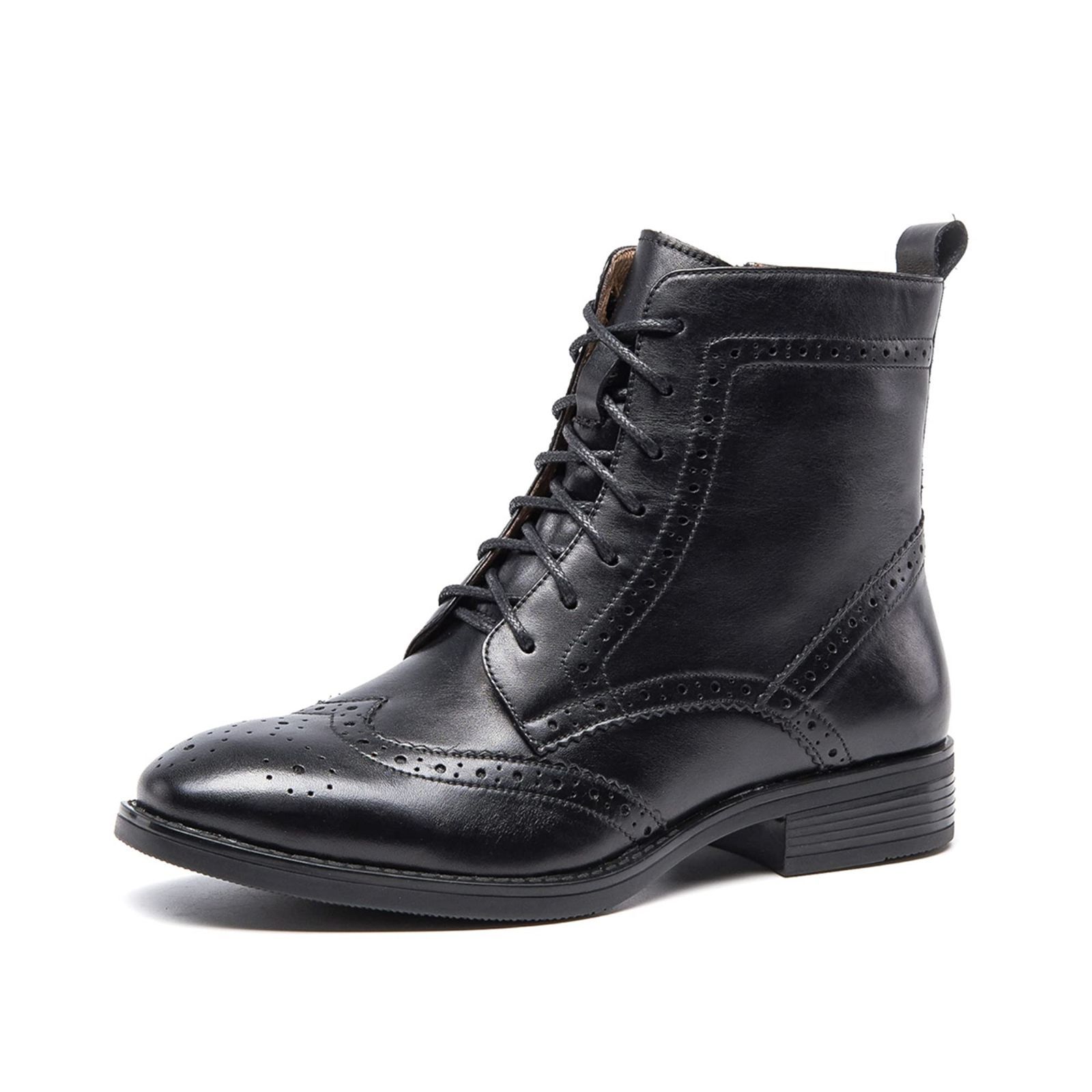 Size 22.5 cm_Color ブラック ZUYEE ズイェ レディース ショートブーツ 本革 レースアップ ロングノーズ ウイングチップ イングランド風 ブラック 22.5cm