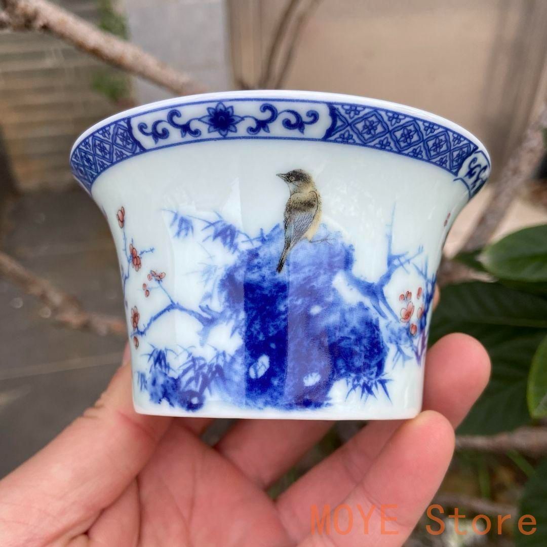 中国茶器 景徳鎮 陶磁器 青花馬蹄三才蓋碗 喜上眉梢 茶碗 煎茶器