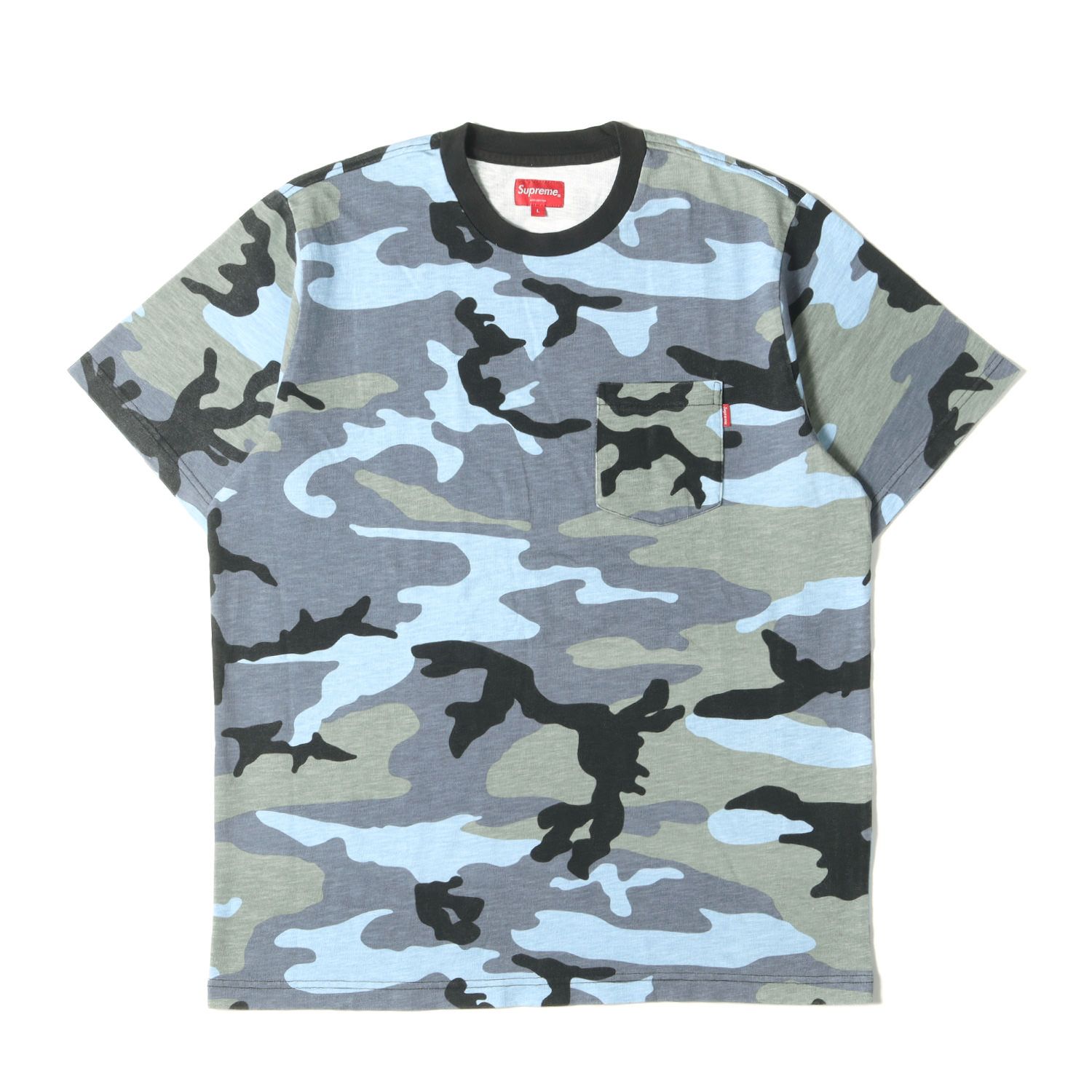美品 Supreme シュプリーム Tシャツ サイズ:L 18SS ポケット付き カモフラージュ ヘビーウェイト クルーネック 半袖Tシャツ(Pocket Tee) ブルーカモ 迷彩 トップス カットソー【メンズ】