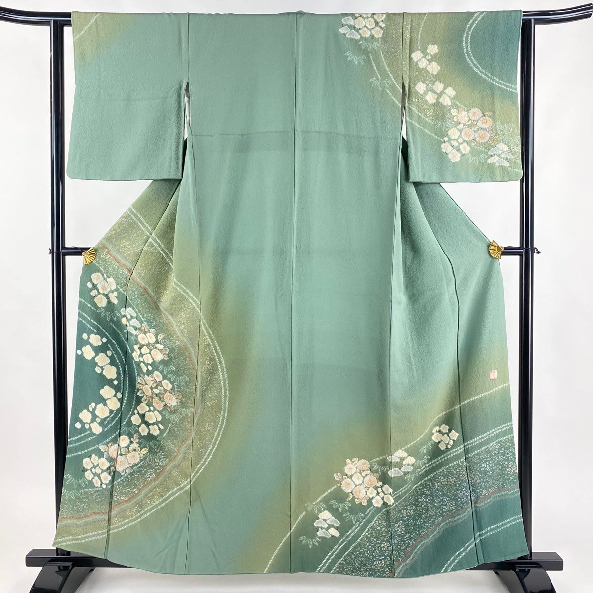 訪問着 身丈157.5cm 裄丈62cm S 袷 滝泰 落款 菊 松竹梅 金銀彩 絞り 灰緑 正絹 名品