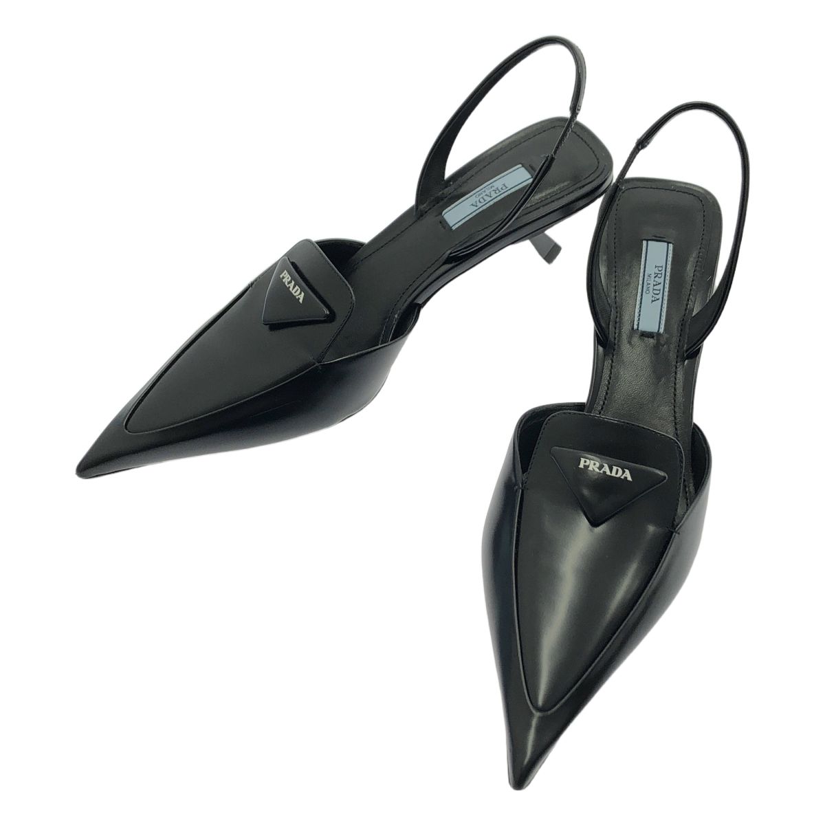PRADA プラダ レザー ポインテッドトゥ スリングバック ミュール パンプス 38 1 2 ブラック レディース