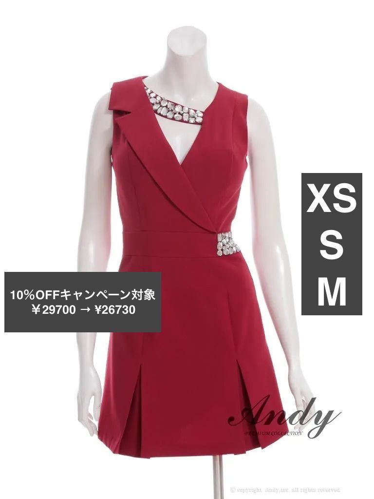 レッド AN-OK2998 XSサイズあり ANDY|アンディ 襟付き| アシンメトリー| バストカットアウト| ビジュー| ノースリーブ| ボックスプリーツ| Aライン| フ | ワンピース| ミニドレス| キャバドレス