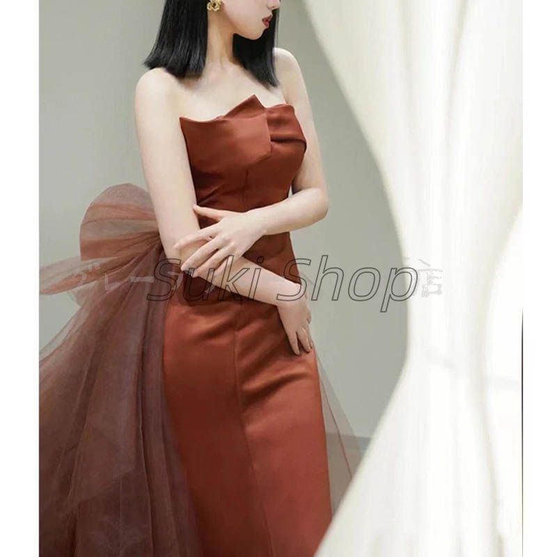 ドレス ロング チューブトップ シンプル ブラウン系 マーメイドライン タイトフィッシュテール 二次会 パーティード