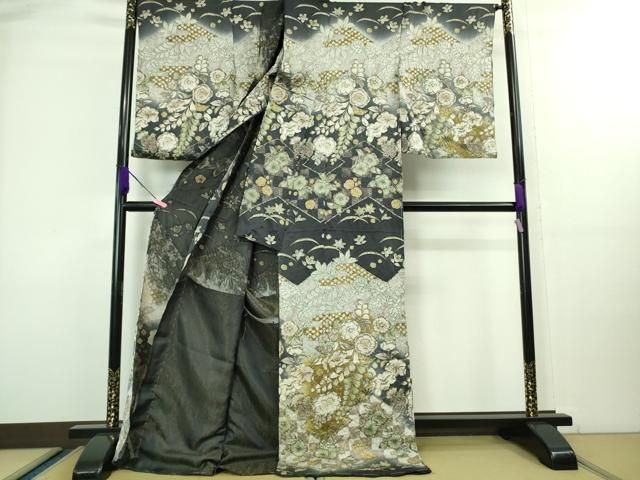 平和屋着物□極上 訪問着 辻が花 暈し染め 白×黒 金彩 逸品