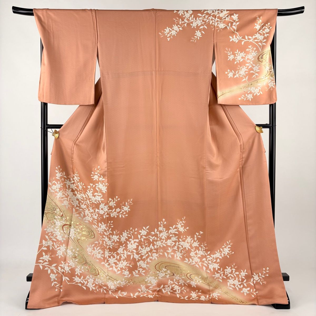 訪問着 身丈175cm 裄丈69.5cm L 袷 桜 流水 金彩 ぼかし 茜色