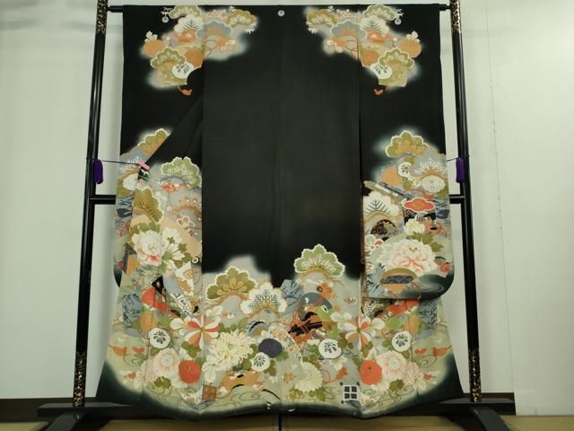 平和屋着物 上 アンティーク 大正ロマン 振袖 駒刺繍 吉祥鼓花文 暈し染め 黒地 金彩 DZAA9358kh5