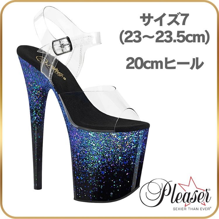 23 23.5 cm 20cm ヒール 厚底 キャバ サンダル Pleaser プリーザー ハイヒール ピンヒール ポールダンス ストラップ アンクル ストラップ ホログラム クリア 黒 ブラック 青 ブルー グリッター フラミンゴ