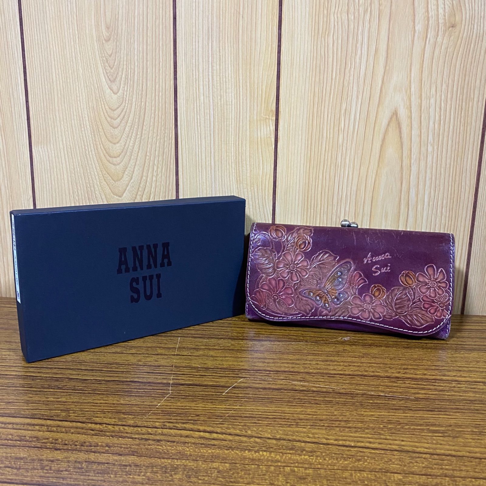 55 ANNASUI アナスイ がま口 長財布 花柄 蝶 レザー パープル 