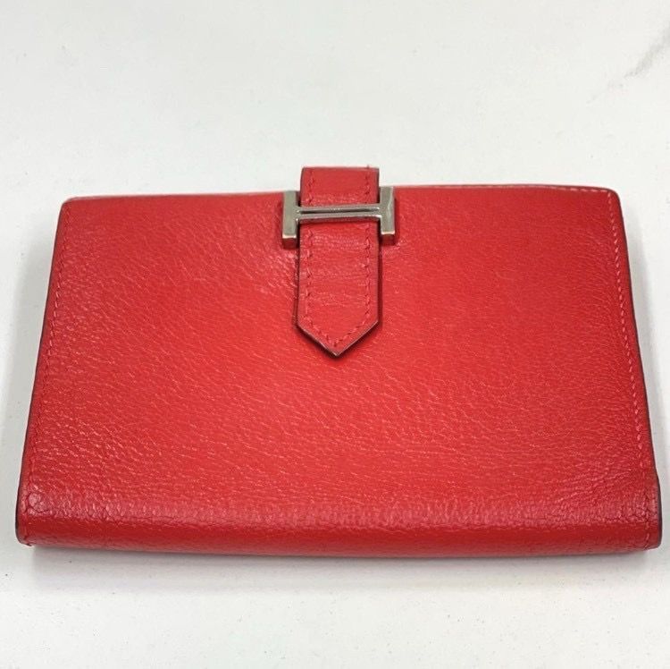 エルメス　ベアンコンパクト　シェーブル　赤　シルバー金具　折り財布　□I刻印 エルメス ベアンコンパクト シェーブル 赤 シルバー金具 折り財布 □I