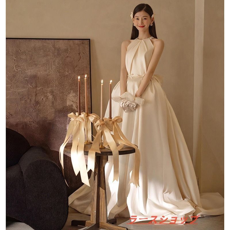 ウエディングドレス 結婚式 サテン Aライン 前撮り 半袖 ドレス