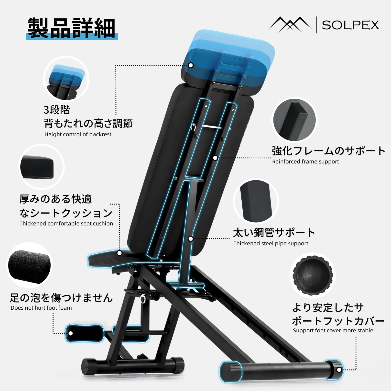 Solpex トレーニングベンチ インクラインベンチ 腹筋 ベンチプレス 筋トレ ベンチ 折り畳み ダンベルベンチ 可変式角度調節簡単 ベンチ台  デクラインベンチ フラットベンチ 腹筋 背筋 シットアップベンチ - メルカリ